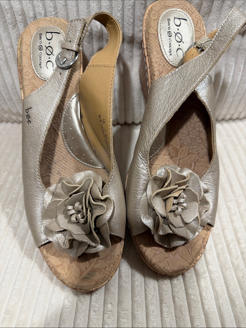 b.o.c. Champagne Slingback Floral Wedge Sandals.Worn 2x.Light wear. See pic
